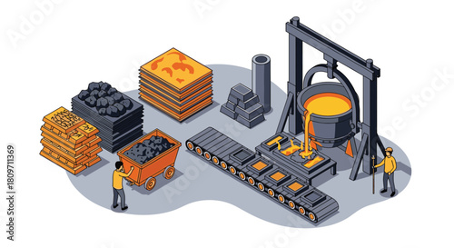 An isometric illustration of a metallurgy plant showing the process of melting metal ore in a foundry and pouring it into molds on a conveyor belt.