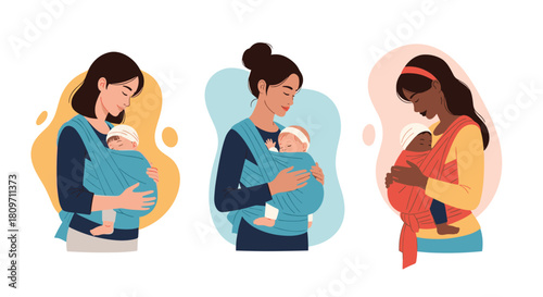 A loving set of three diverse mothers of different ethnicities tenderly holding their newborn babies close in secure and comfortable baby slings.