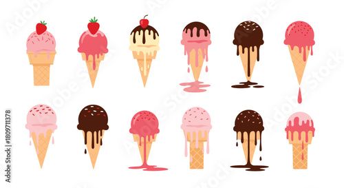 A sweet and colorful collection of twelve melting ice cream cones in strawberry and chocolate flavors with dripping syrup and sprinkles.