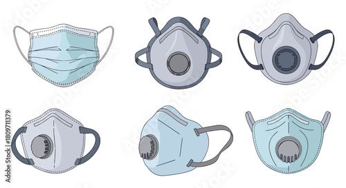 A collection of six different types of protective face masks including a surgical mask and various industrial respirators with filters and valves.