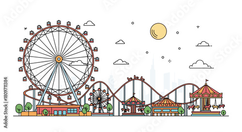 A line art cityscape illustration of an amusement park with a large ferris wheel roller coaster and carousels set against a city skyline.