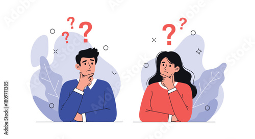 A thoughtful man and woman with confused expressions thinking hard to find a solution to a problem with red question marks floating above them.