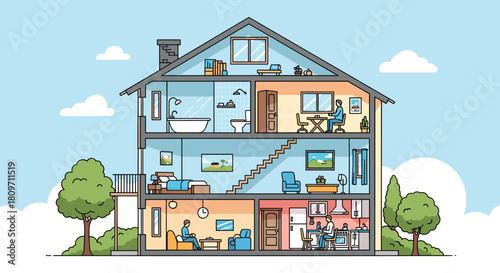 A detailed cross-section of a modern two-story house showing furnished rooms and daily life activities of people inside.