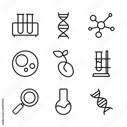 Modern Science Icon Vector Set Featuring Laboratory Tools, Molecular Symbols, Chemical Elements, Research Equipment, and Minimal Line Illustrations for Education, Medical, and Technology Use