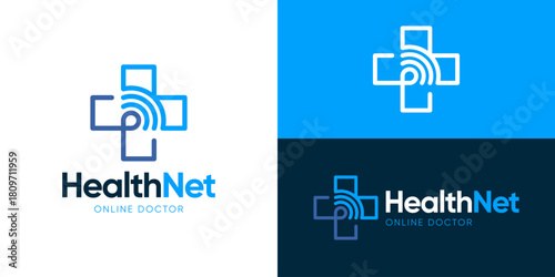 Creative simple health net logo template. Plus cross symbol with wireless signal for Online medical logo design vector illustration.