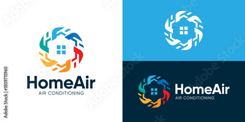 Creative simple home air logo template. Fan with home for heating cooling service logo design vector illustration.