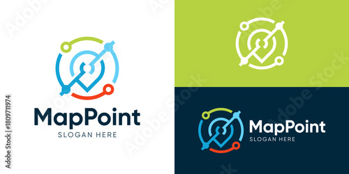 Creative simple map point logo template. Map point local position with tech symbol logo design vector illustration.