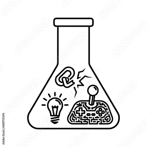 Creative concept of game development and scientific research in a lab flask isolated on