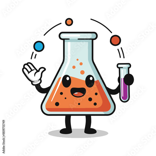 Cartoon Erlenmeyer Flask Juggling Colorful Balls and Holding a Test Tube