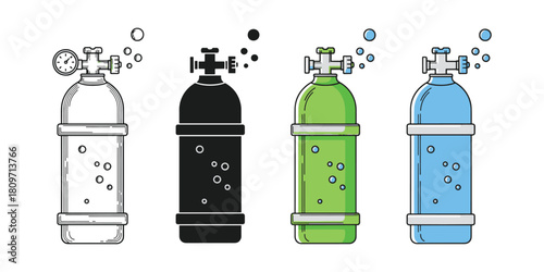Colorful Oxygen Tanks for Underwater Diving or Industrial Use Illustration