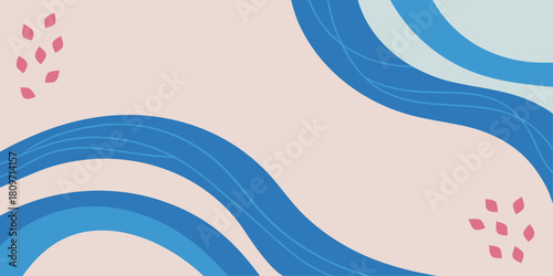 Abstract flowing blue waves and organic shapes on a light neutral background