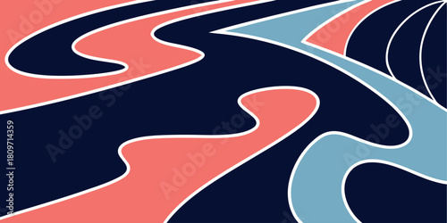 Abstract flowing organic shapes in dark blue coral and light blue with white outlines