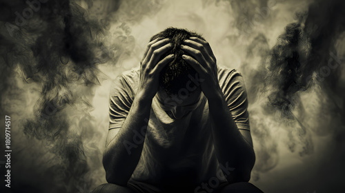 Hombre con angustia emocional rodeado de sombras como concepto de enfermedad mental