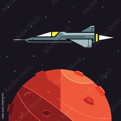 A sleek, grey spaceship with a yellow cockpit flies above a textured red planet with craters, set against a dark, star-filled cosmic background.