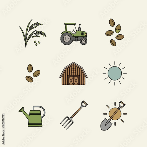 A collection of nine colorful flat design icons representing various aspects of farming, agriculture, and gardening, including tools, crops, and farm structures.