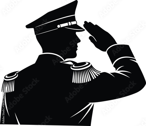 Silhouette of a military officer saluting in formal uniform as a symbol of honor service and patriotism with epaulettes and a traditional hat ideal for graphic design projects
