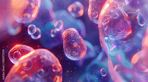 Translucent organic microcells with luminous membranes and fluid biological textures. Soft macro abstract background inspired by microstructures and biofluid aesthetics