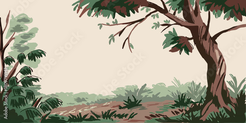 Impressionistic painting of a lush forest scene with a large tree in the foreground