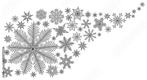 Intricate winter snowflake collection, line art decorative illustration vector.