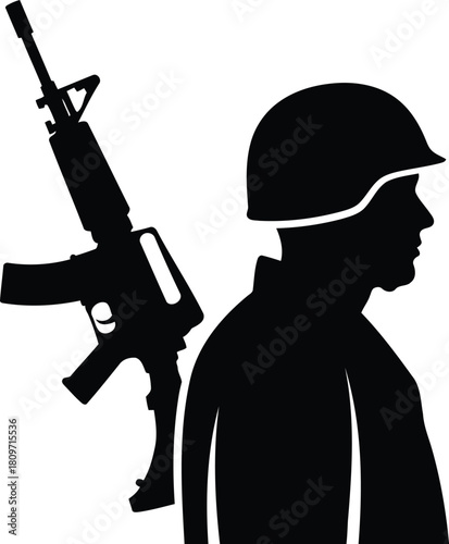 Silhouette of a soldier with a rifle military personnel in uniform standing tall ready for duty symbolizing strength and defense in a vector illustration for security and honor
