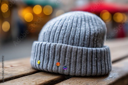 Fototapeta Naklejka Na Ścianę i Meble -  Textured grey ribbed knit beanie decorated with small colorful pins resting on wooden bench outdoors
