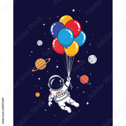 Charming astronaut character in outer space holding a vibrant bunch of balloons against a starry cosmic backdrop for imaginative designs