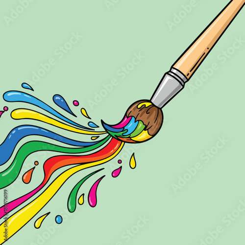 A paintbrush creating a vibrant rainbow splash on a serene green backdrop