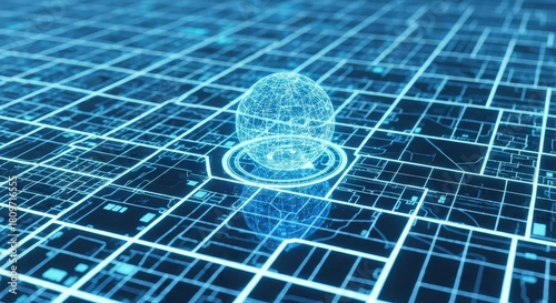 Digital globe illustration on a high-tech grid map with glowing lines and patterns