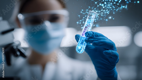 Investigadora en laboratorio manipulando muestra luminosa de ciencia avanzada