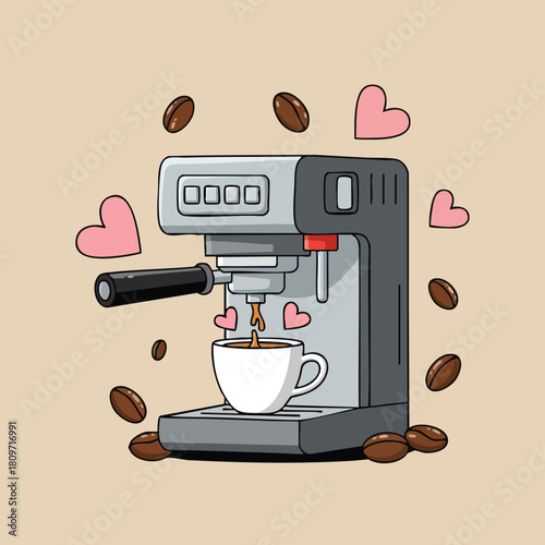 Cute cartoon espresso machine brewing coffee surrounded by hearts and beans representing coffee love and appreciation for beverage creation