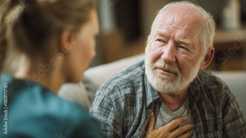 Elderly man shares heartfelt conversation with caregiver in cozy living room setting