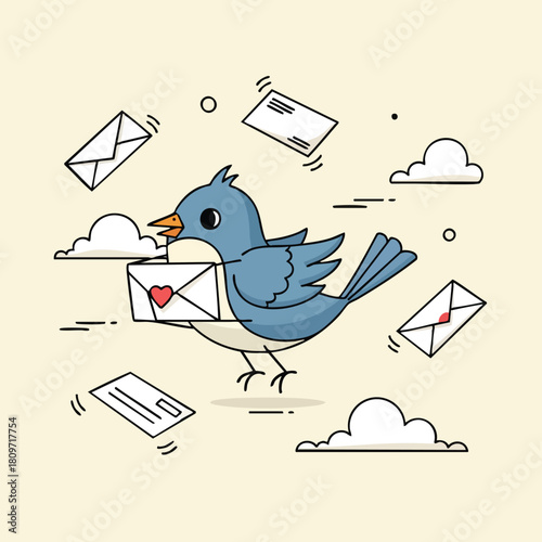 Whimsical blue bird delivering love letters amongst fluffy clouds in a delightful illustration