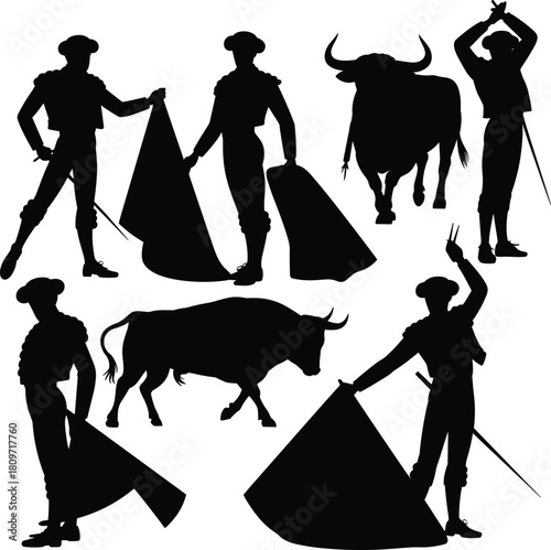 Bullfight, silhouette, matador, cape, bull, traditional, Spain, action, pose, dramatic, culture, black, figure, movement, arena, fight, dance, art, motion, heritage