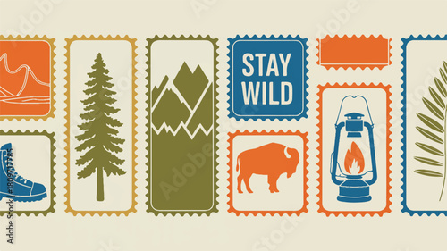 A Vintage Style Collection of Nature and Outdoor Adventure Themed Stamps Featuring Mountains, Trees, and Wildlife