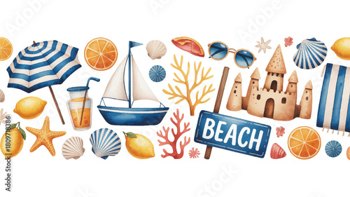 Charming watercolor summer border featuring an array of beach items sandcastle, sailboat, umbrella, and refreshing citrus fruits for a vibrant design