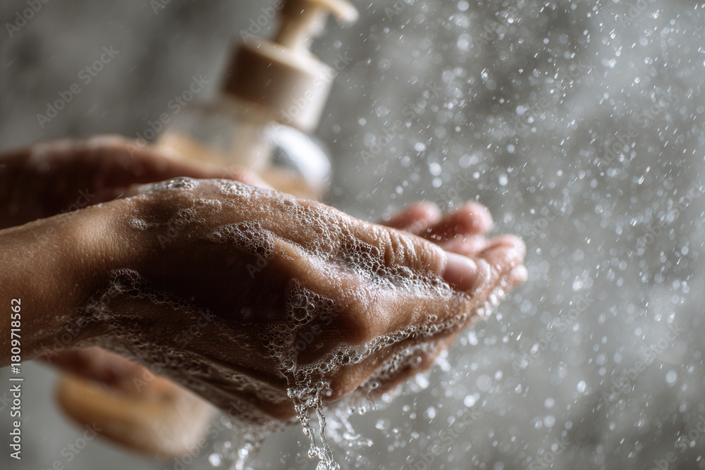 Fototapeta premium Hands washing with soap and water while droplets splash against a blurred background