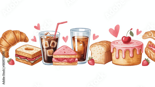A charming watercolor illustration of a delightful assortment of breakfast pastries, sandwiches, and iced beverages, perfect for cafe menus or bakery promotions