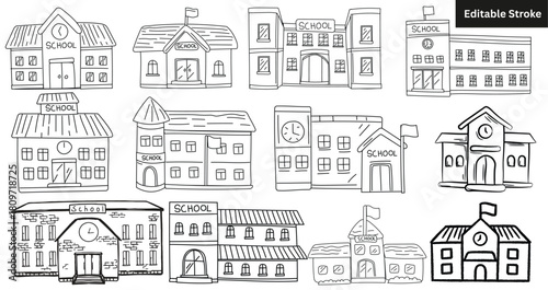 Set of 12 hand-drawn school building icons. Doodle education architecture and college vector illustration.