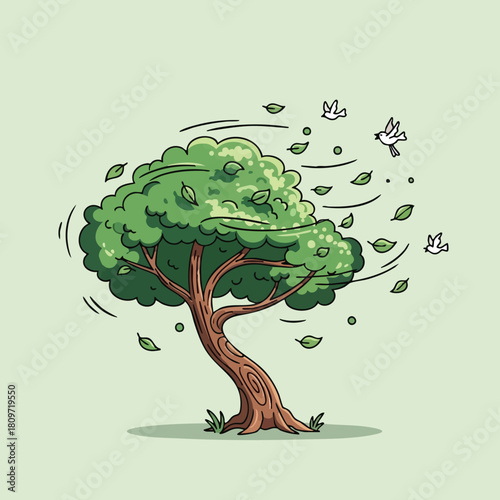Vigorous deciduous tree buffeted by strong winds with leaves scattering and birds taking flight across a pale green backdrop depicting natural