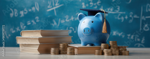 Piggy bank with graduation cap on books surrounded by coins represents financial education and savings for students and learners
