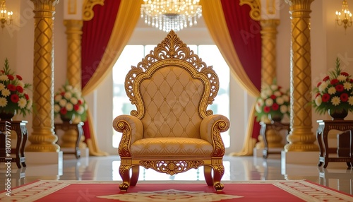 Royal Malay theme pelamin with grand golden throne chair and intricate patterns