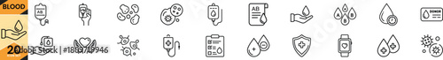 Blood donation, transfusion, medical examination, and health care line icons set for web design, app Vector