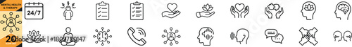 Comprehensive set of line icons illustrating concepts of mental health, therapy, support, mindfulness, and well-being services. Vector