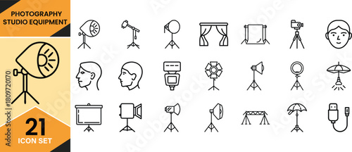 Photography studio equipment line art icon set, minimalist design, vector illustration for web and print project. Vector