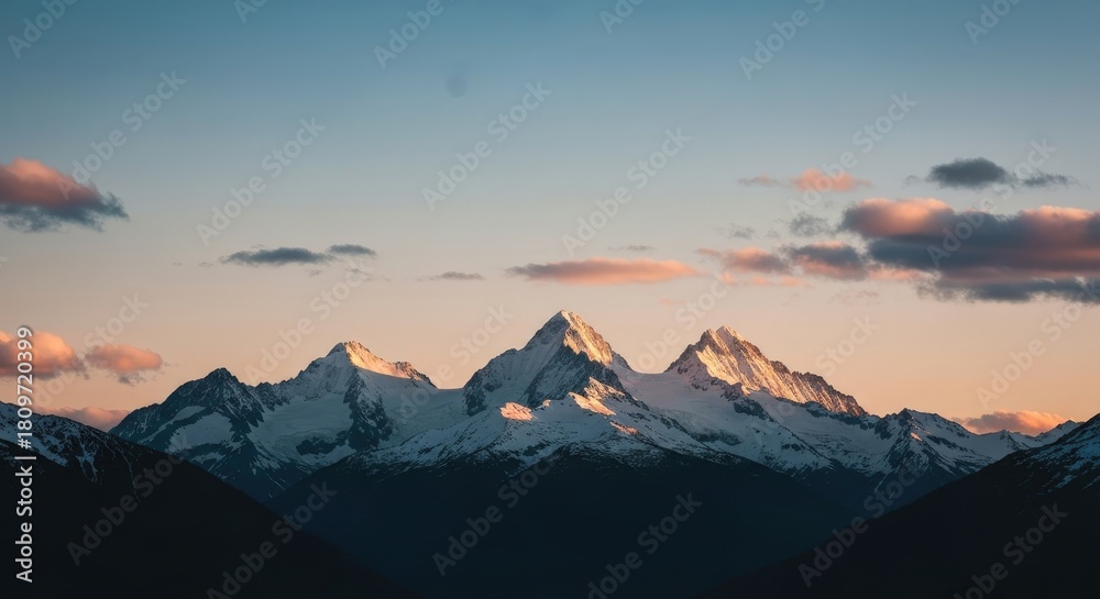 Fototapeta premium Majestic Snow-Capped Mountains with Golden Glow at Sunrise in a Serene Landscape