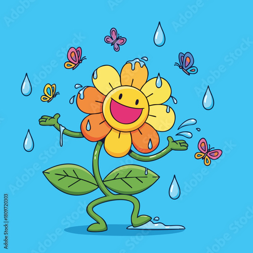 Joyful anthropomorphic flower experiencing a delightful shower surrounded by fluttering butterflies a whimsical scene perfect for children's