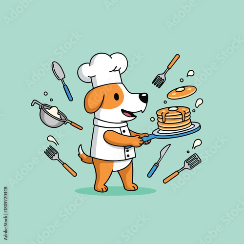 Joyful canine chef expertly presents a stack of golden pancakes amidst a whimsical culinary ensemble of kitchen utensils and ingredients creating a