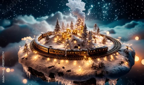 Magical miniature train circling a snow-covered floating island with festive lights, pine trees, and puffing steam under a starry night sky