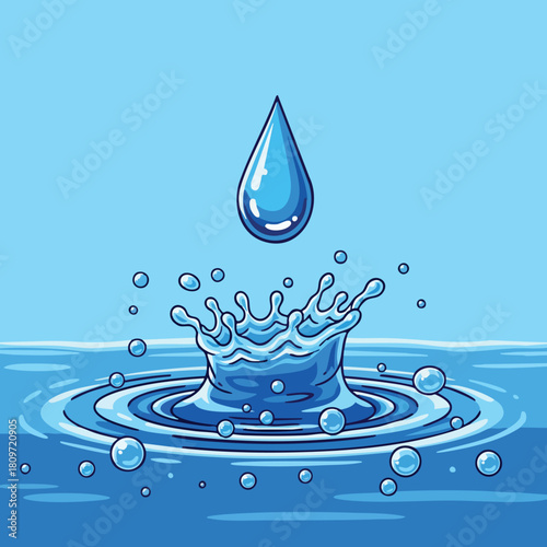 A dynamic water droplet impact captured in a vibrant blue splash illustration conveying refreshment and purity