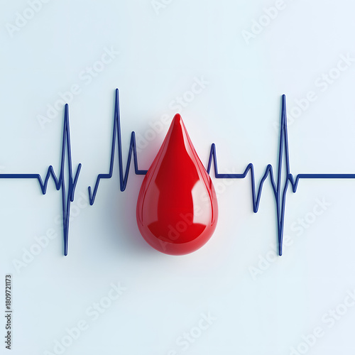 Gota de sangre con línea de electrocardiograma como concepto de salud y diagnóstico médico